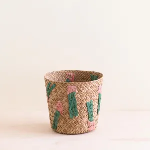 Cactus Embroidery Soft Natural Basket - Handmade Bins