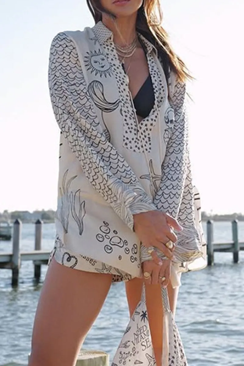 Casual Graffiti Print Tassel Contrast V Neck Long Sleeve Two Pieces