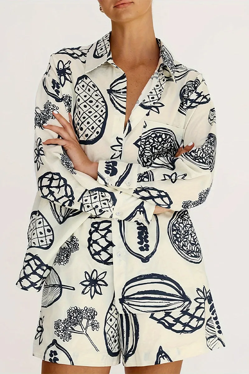 Casual Print Graffiti Pocket Turndown Collar Long Sleeve Two Pieces