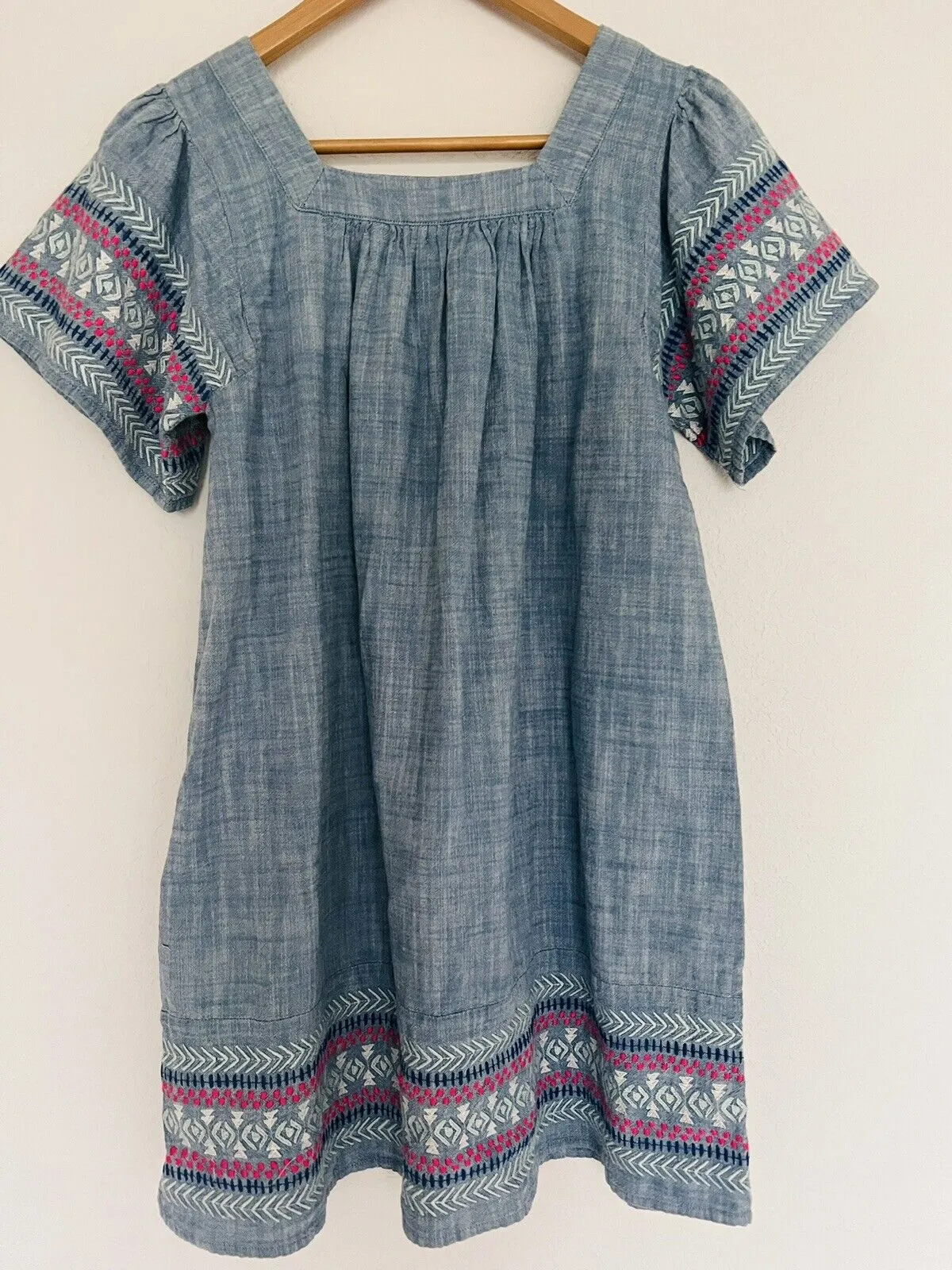 CAT & JACK Girls XL 14/16 Embroidered Shirt Dress Denim Blue Aztec Western Boho