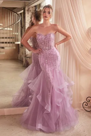CD CD332 - Strapless Bead Embellished Mermaid Prom Gown with Sheer Boned Corset Bodice Tiered Skirt & Lace Up Corset Back