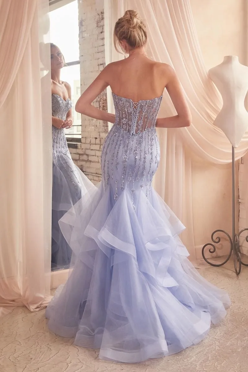 CD CD332 - Strapless Bead Embellished Mermaid Prom Gown with Sheer Boned Corset Bodice Tiered Skirt & Lace Up Corset Back