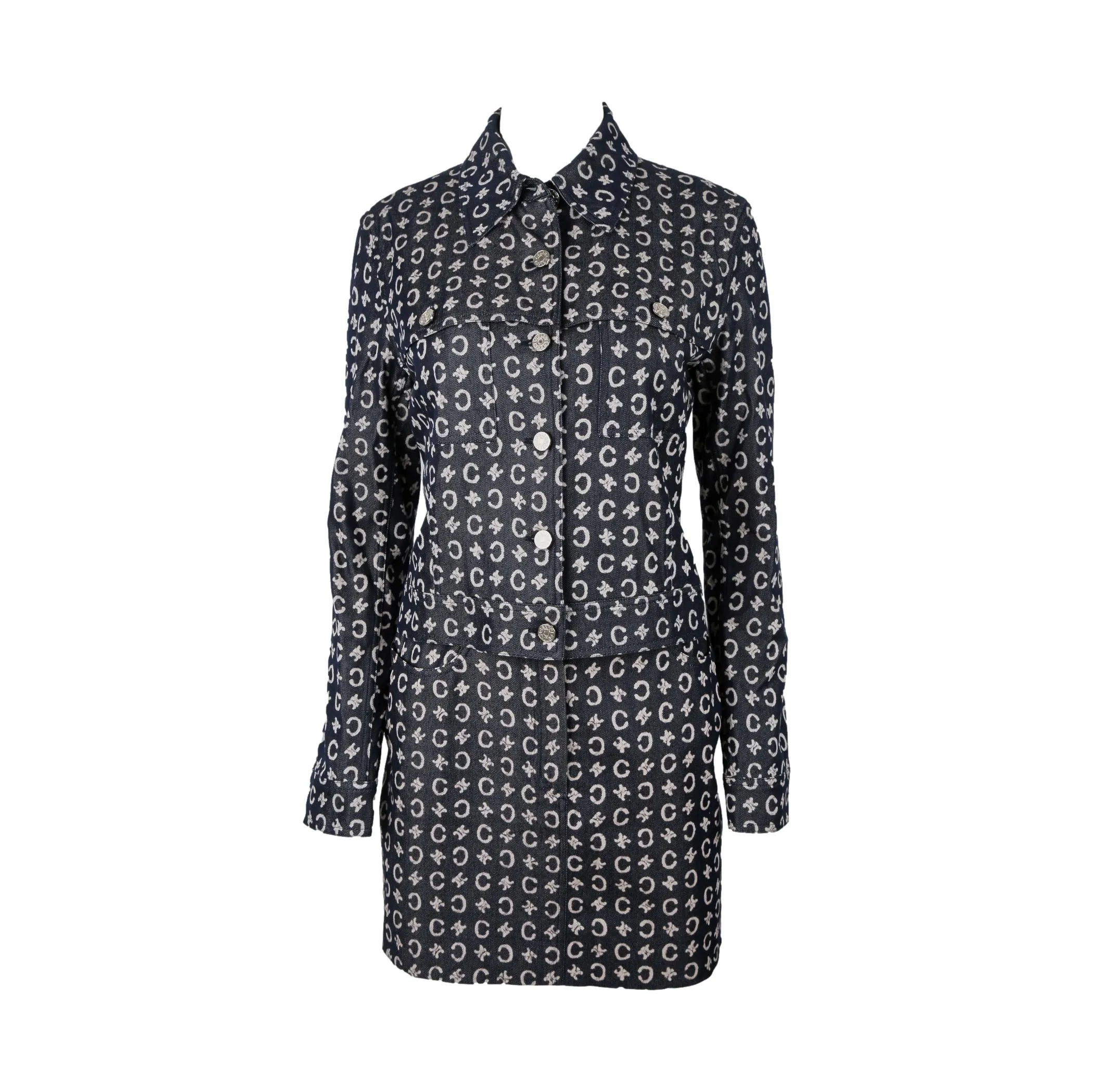 Celine Navy Denim Logo Skirt Set