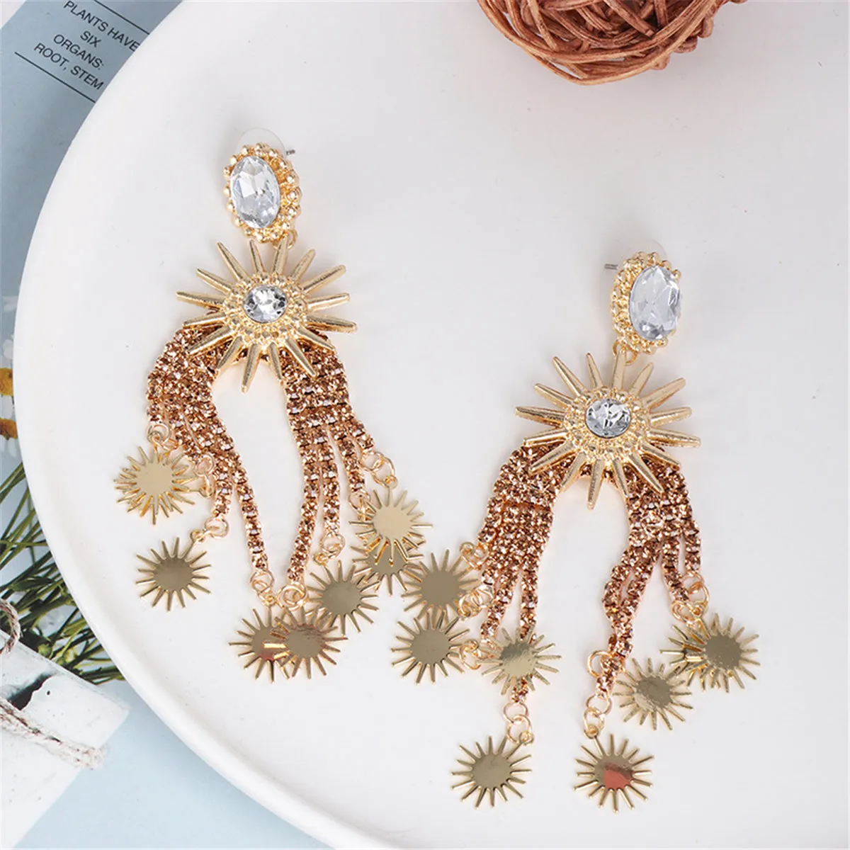 Champagne Cubic Zirconia & Crystal Star Tassel Dangle Earring