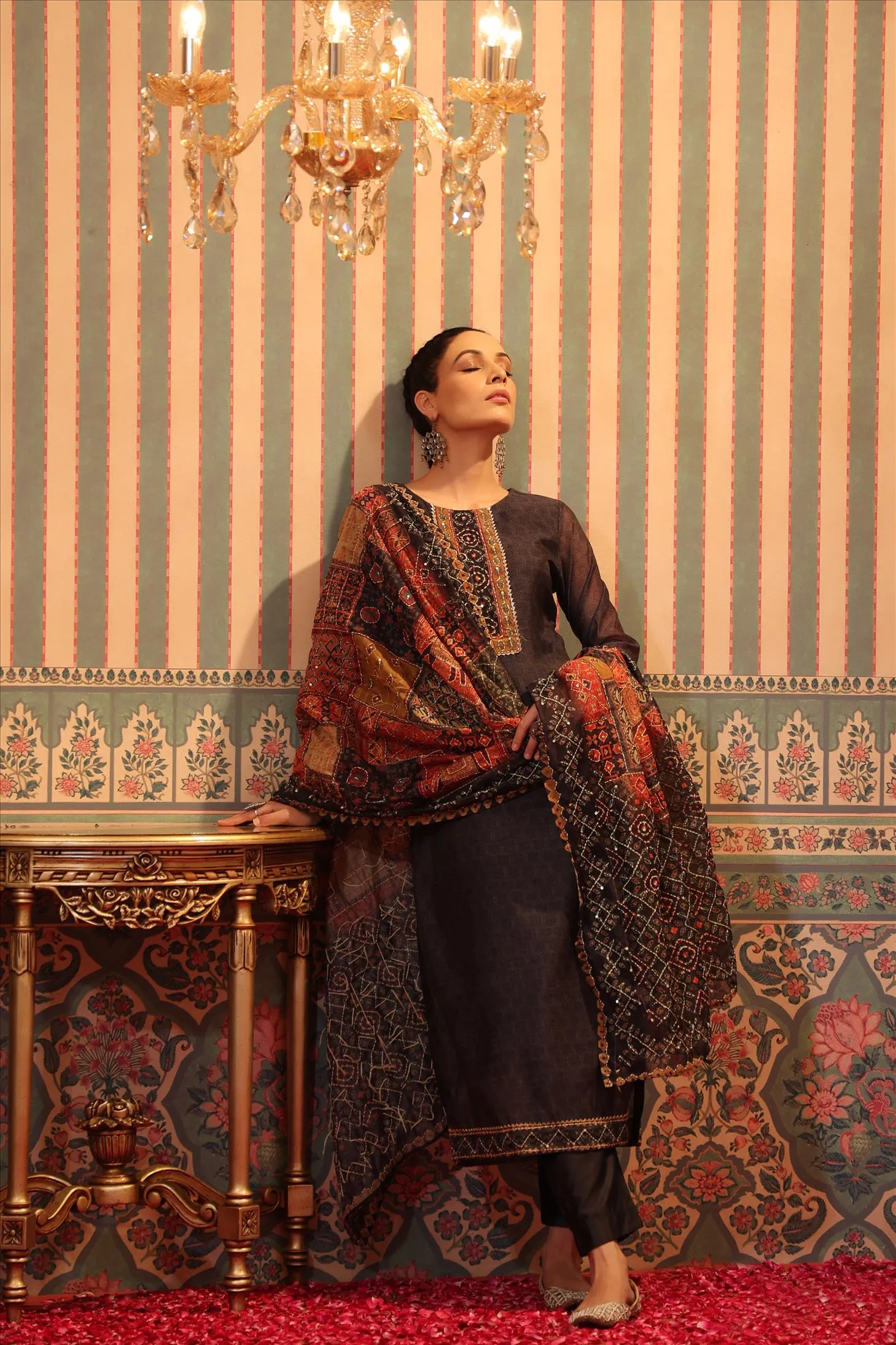 Charcoal Chanderi Silk Printed Kantha Work Suit Set