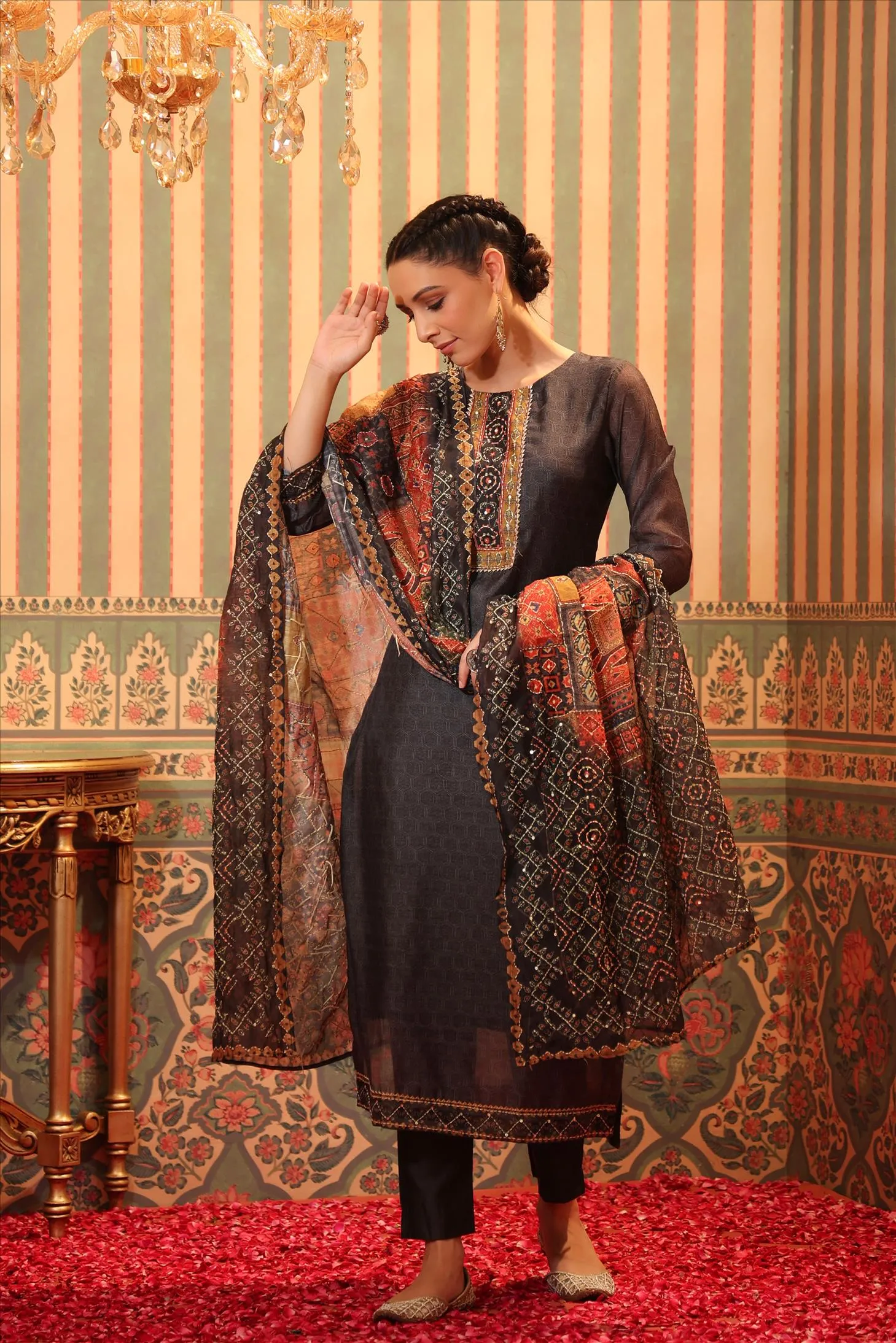 Charcoal Chanderi Silk Printed Kantha Work Suit Set