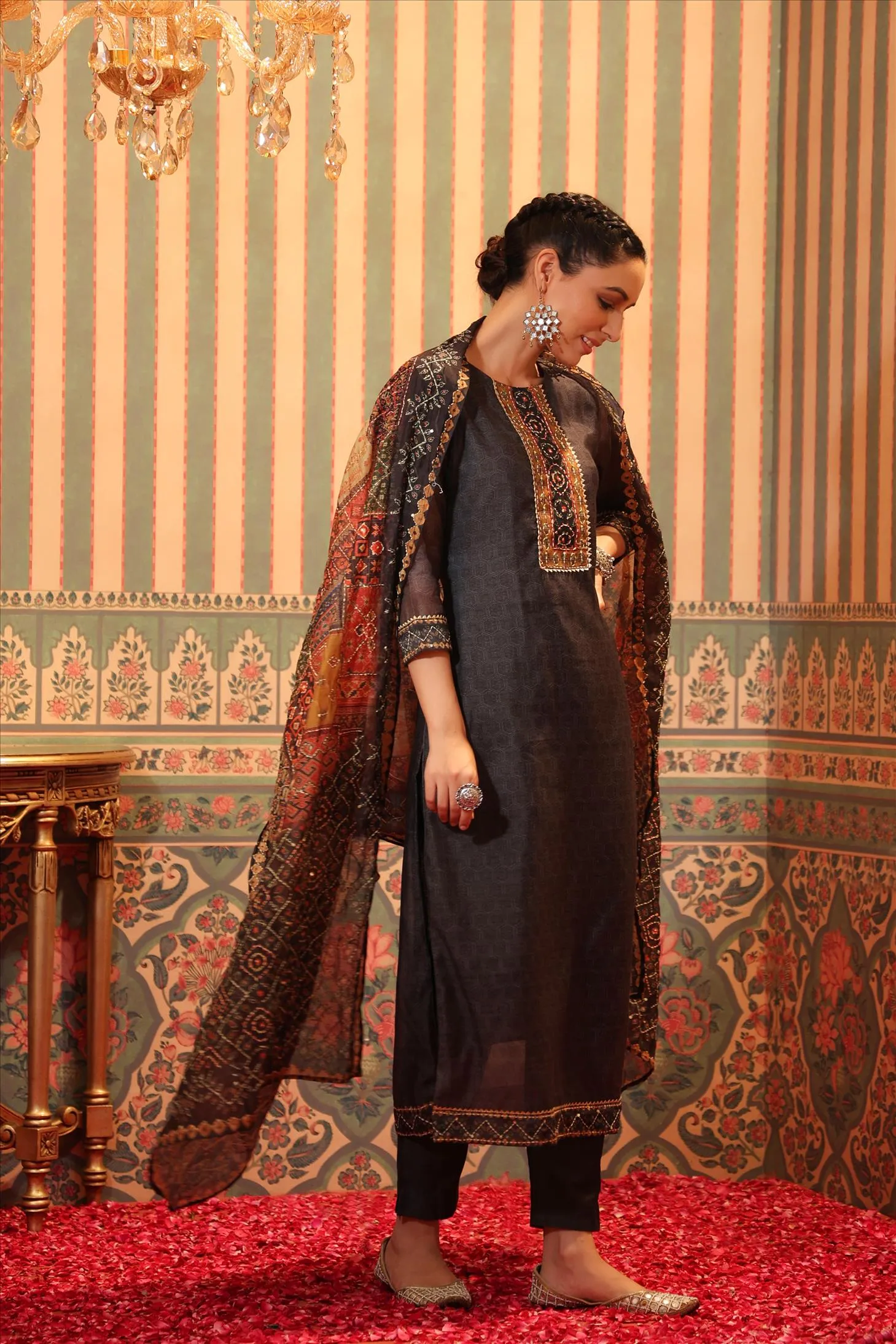 Charcoal Chanderi Silk Printed Kantha Work Suit Set