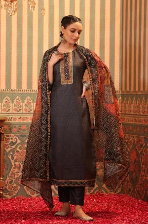 Charcoal Chanderi Silk Printed Kantha Work Suit Set