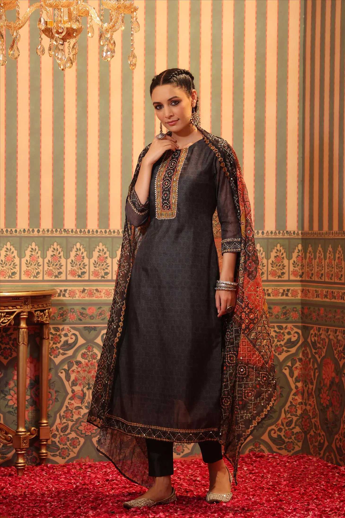 Charcoal Chanderi Silk Printed Kantha Work Suit Set