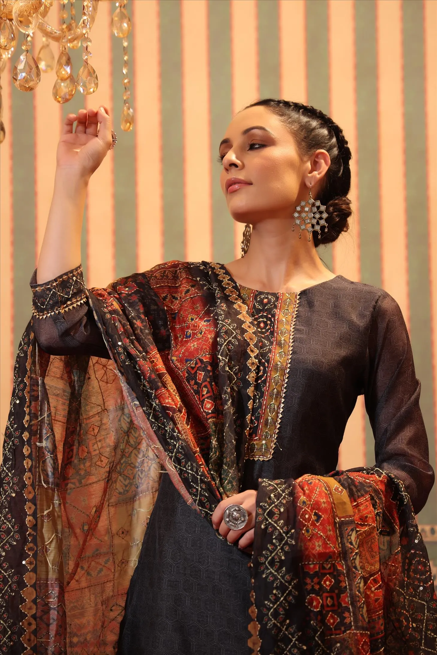 Charcoal Chanderi Silk Printed Kantha Work Suit Set