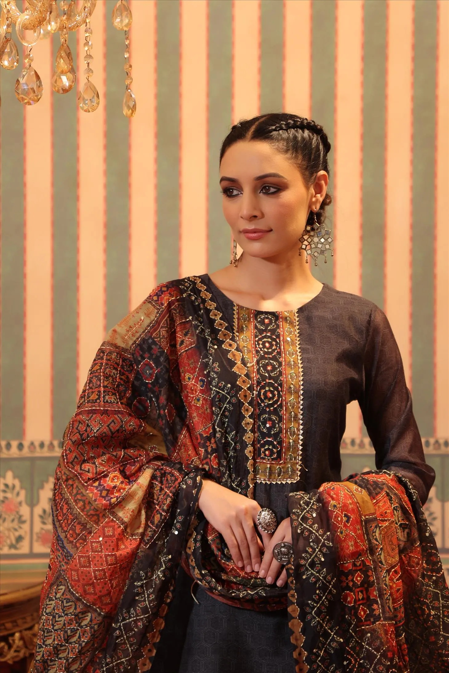Charcoal Chanderi Silk Printed Kantha Work Suit Set