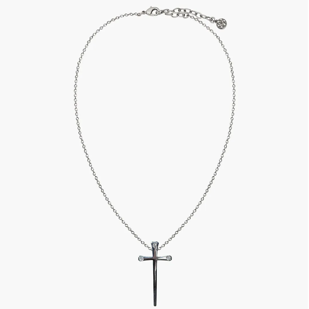 Charmed - Stylized Horseshoe Nail and Moissanite Stone Sterling Silver Cross Pendant Necklace
