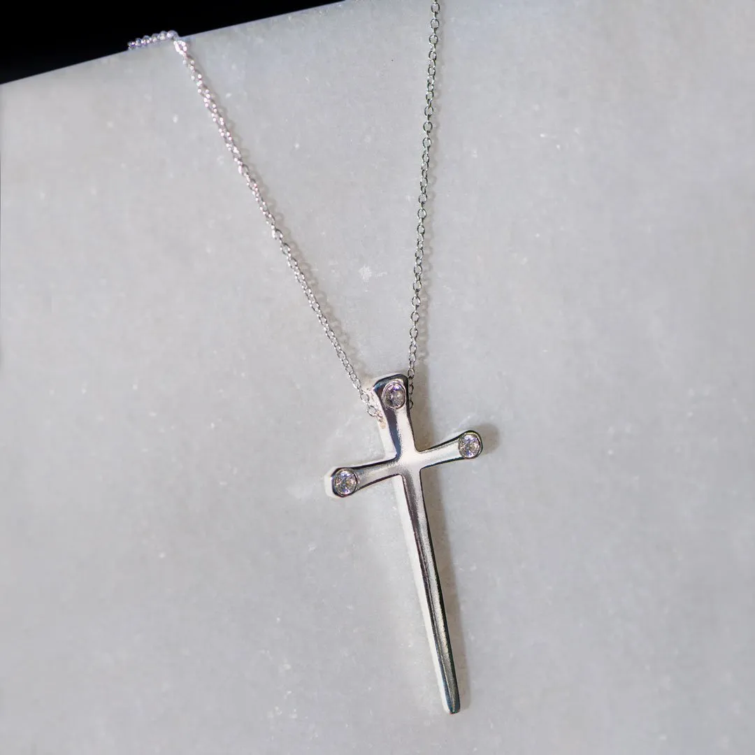Charmed - Stylized Horseshoe Nail and Moissanite Stone Sterling Silver Cross Pendant Necklace