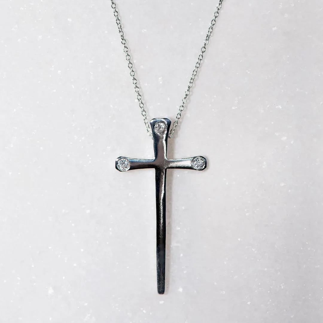 Charmed - Stylized Horseshoe Nail and Moissanite Stone Sterling Silver Cross Pendant Necklace