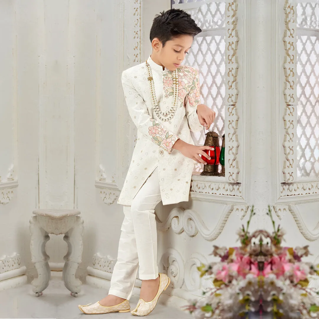 Charming Off-White Boys Sherwani with Elegant Floral Print
