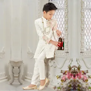 Charming Off-White Boys Sherwani with Elegant Floral Print