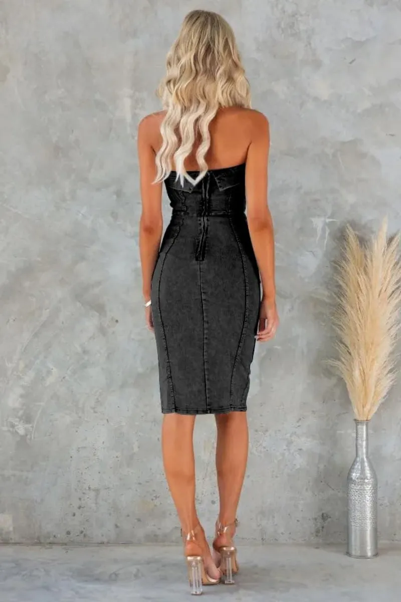 Chouyatou Denim Dress for Women Strapless Sleeveless Side Slit Sexy Skinny Bodycon Midi Jean Tube Dresses for Women