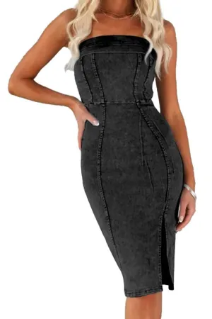 Chouyatou Denim Dress for Women Strapless Sleeveless Side Slit Sexy Skinny Bodycon Midi Jean Tube Dresses for Women