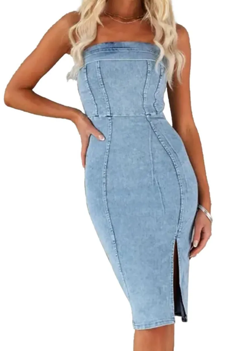 Chouyatou Denim Dress for Women Strapless Sleeveless Side Slit Sexy Skinny Bodycon Midi Jean Tube Dresses for Women