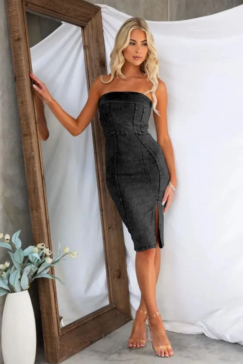 Chouyatou Denim Dress for Women Strapless Sleeveless Side Slit Sexy Skinny Bodycon Midi Jean Tube Dresses for Women