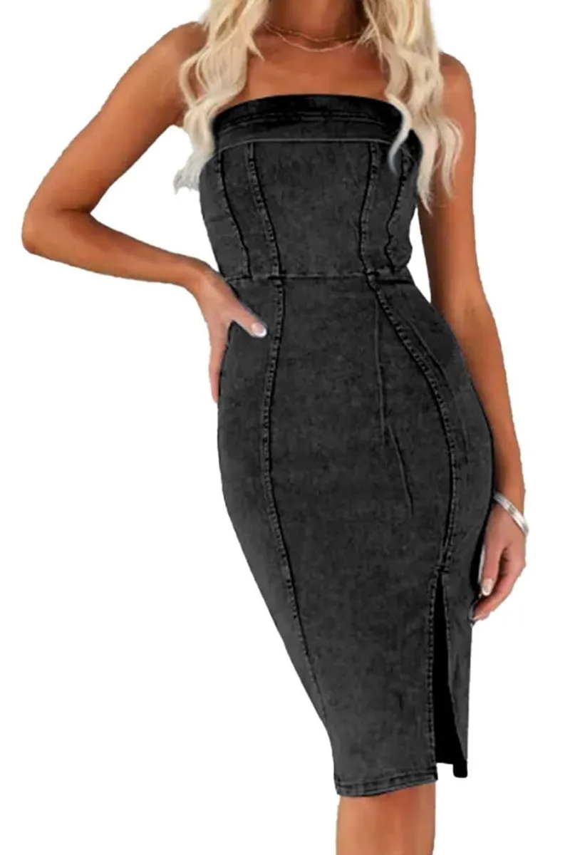 Chouyatou Denim Dress for Women Strapless Sleeveless Side Slit Sexy Skinny Bodycon Midi Jean Tube Dresses for Women