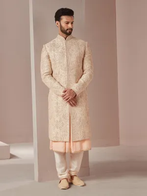Classy Cream Sherwani with Contrasting Peach Undertone