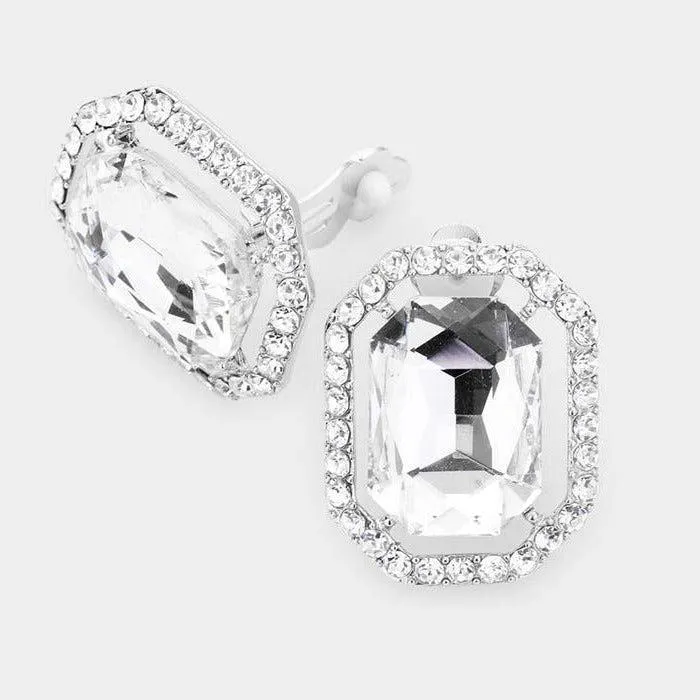 Clear Octagon Crystal Center Evening Silver Clip on Earrings