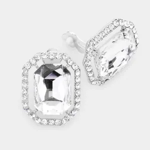 Clear Octagon Crystal Center Evening Silver Clip on Earrings