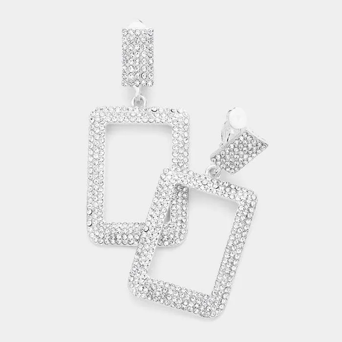 Clear Rhinestone Open Rectangle Silver Evening Clip on Earrings