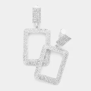 Clear Rhinestone Open Rectangle Silver Evening Clip on Earrings