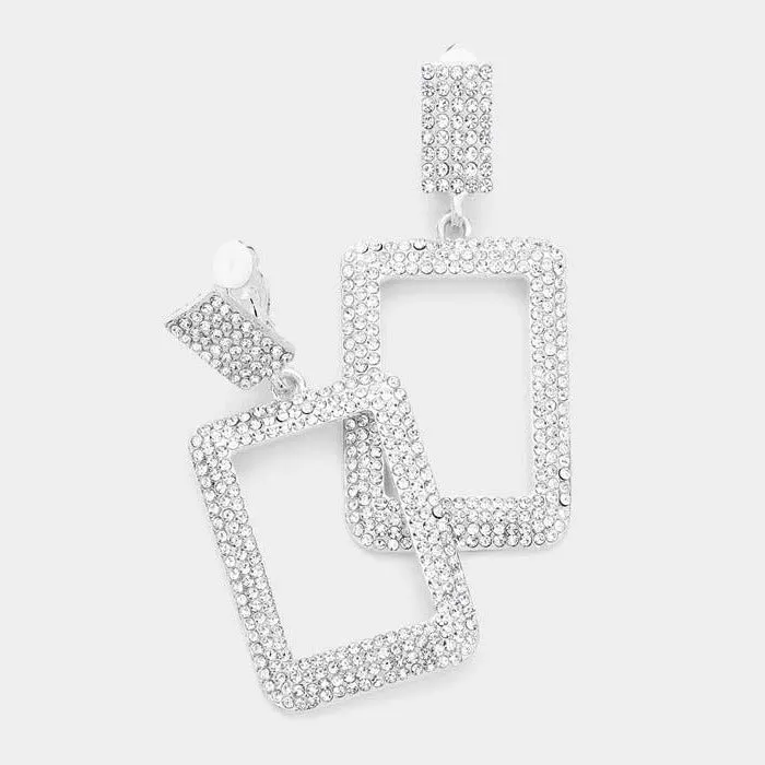 Clear Rhinestone Open Rectangle Silver Evening Clip on Earrings