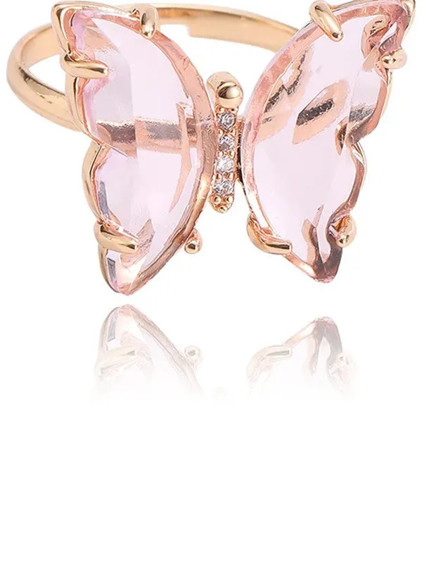 Combo Of Golden Crystal Butterfly Pendant, Earrings With Ring