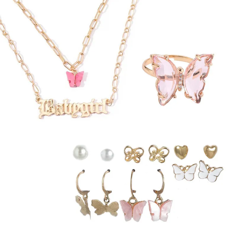 Combo Of Golden Crystal Butterfly Pendant, Earrings With Ring