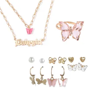 Combo Of Golden Crystal Butterfly Pendant, Earrings With Ring