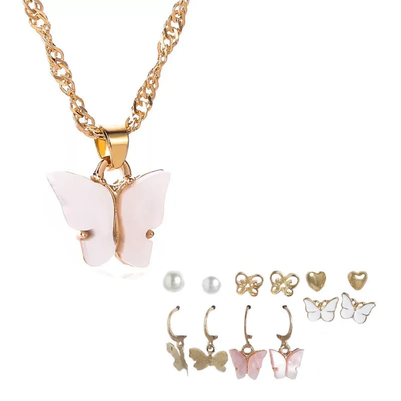 Combo Of Pink Butterfly Pendant With Earring Set