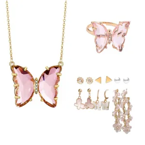 Combo Of Pink Crystal Butterfly Pendant, Earrings With Ring