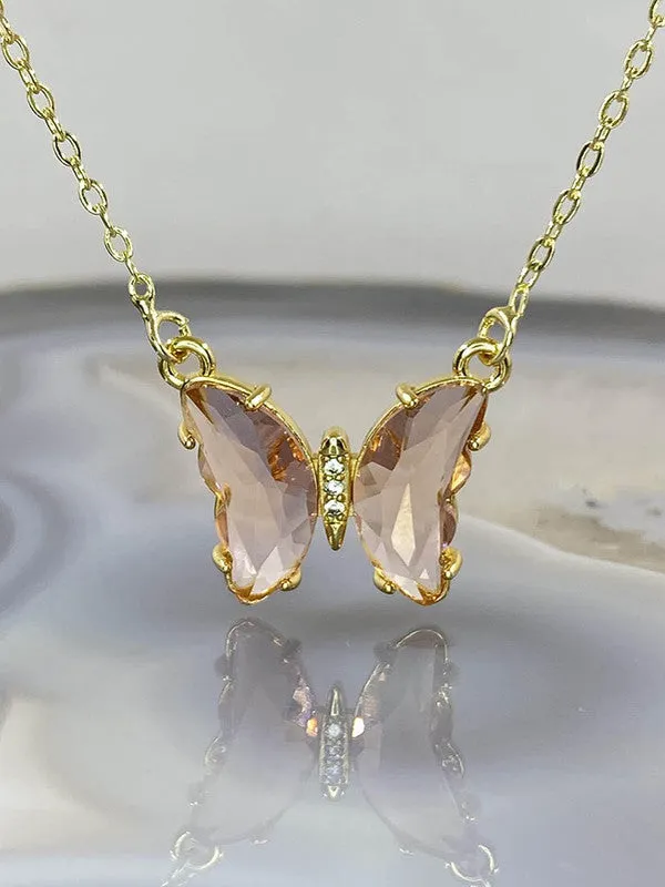 Combo Of Pink Crystal Butterfly Pendant, Earrings With Ring