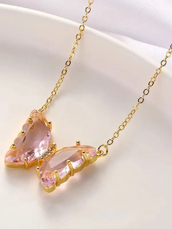 Combo Of Pink Crystal Butterfly Pendant, Earrings With Ring