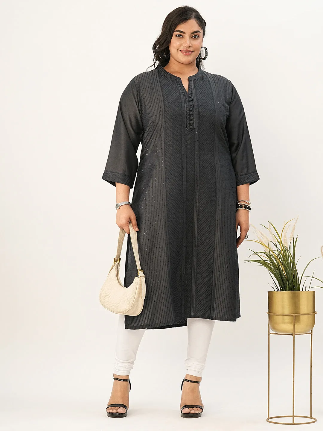 Comfort Fit Dark Grey Chanderi Silk Kurta for Women Online - Zola