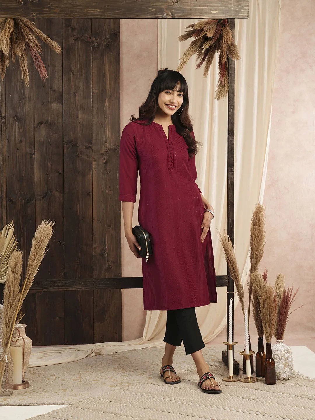 Comfort Fit Red Chanderi Silk Kurta for Women Online - Zola