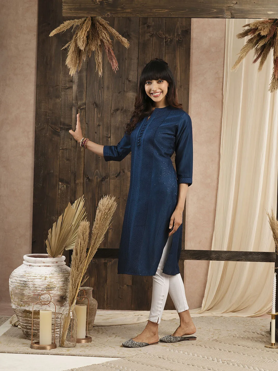 Comfort Fit Teal Chanderi Silk Kurta for Women Online - Zola