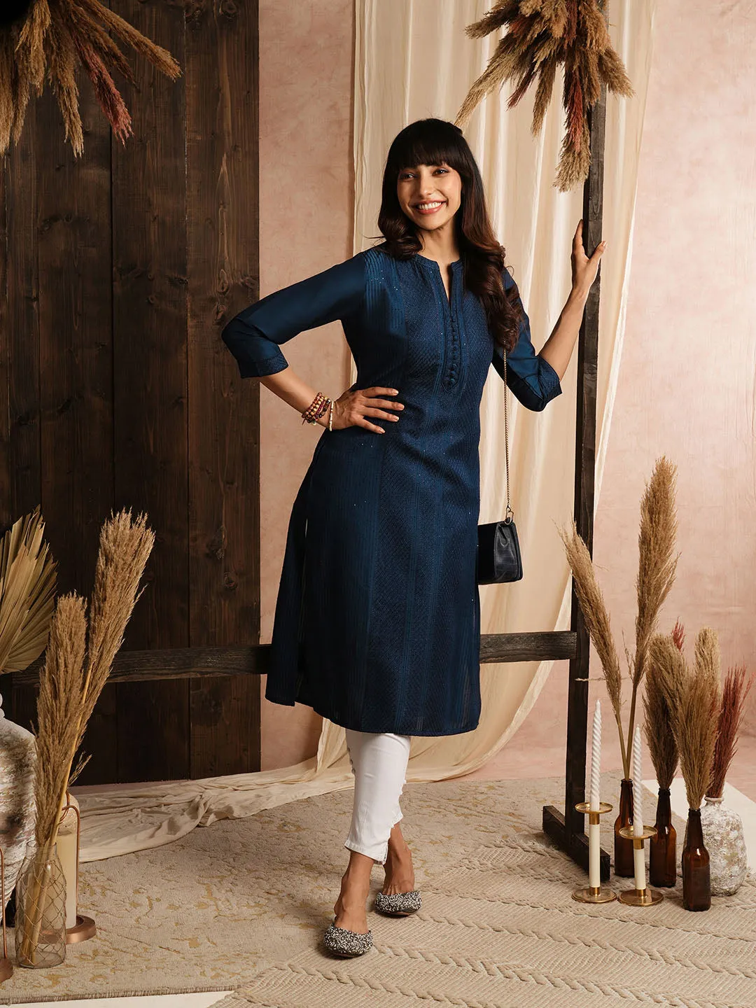 Comfort Fit Teal Chanderi Silk Kurta for Women Online - Zola