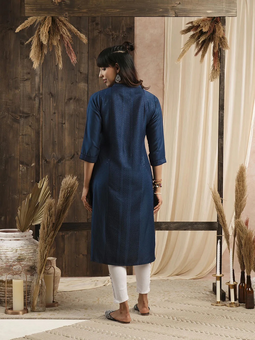 Comfort Fit Teal Chanderi Silk Kurta for Women Online - Zola