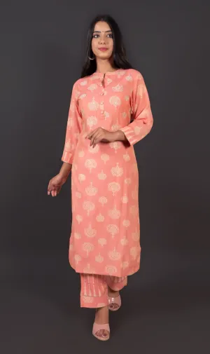 Coral Peach Muslin Kurta Pant Set