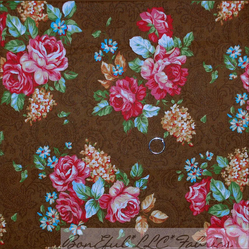 Cotton Fabric BTY Brown Flower Rose Paisley Shabby Chic VTG Cottage