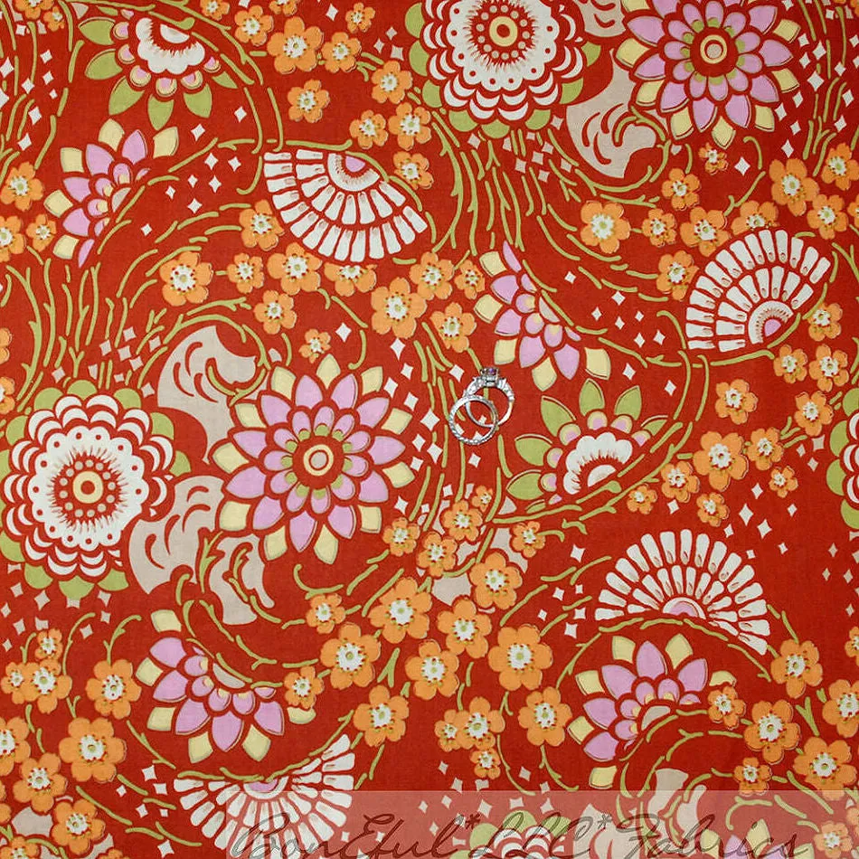 Cotton Fabric BTY Fan Brown Asian Flower Garden Amy Butler