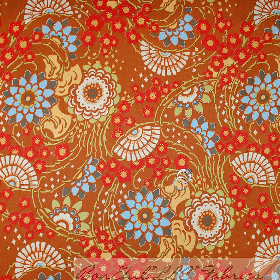 Cotton Fabric BTY Fan Brown Asian Flower Garden Amy Butler