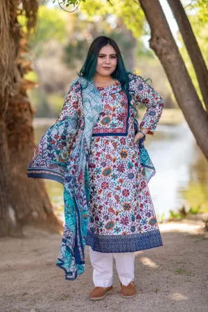 Cotton Multi-Color Embroidery Shirt with Silk Printed Dupatta-Scarf