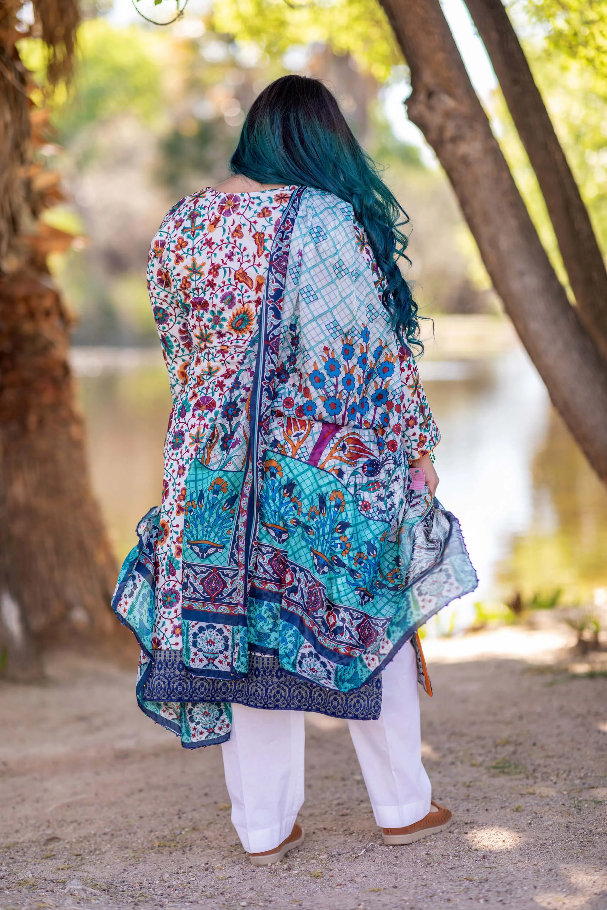 Cotton Multi-Color Embroidery Shirt with Silk Printed Dupatta-Scarf