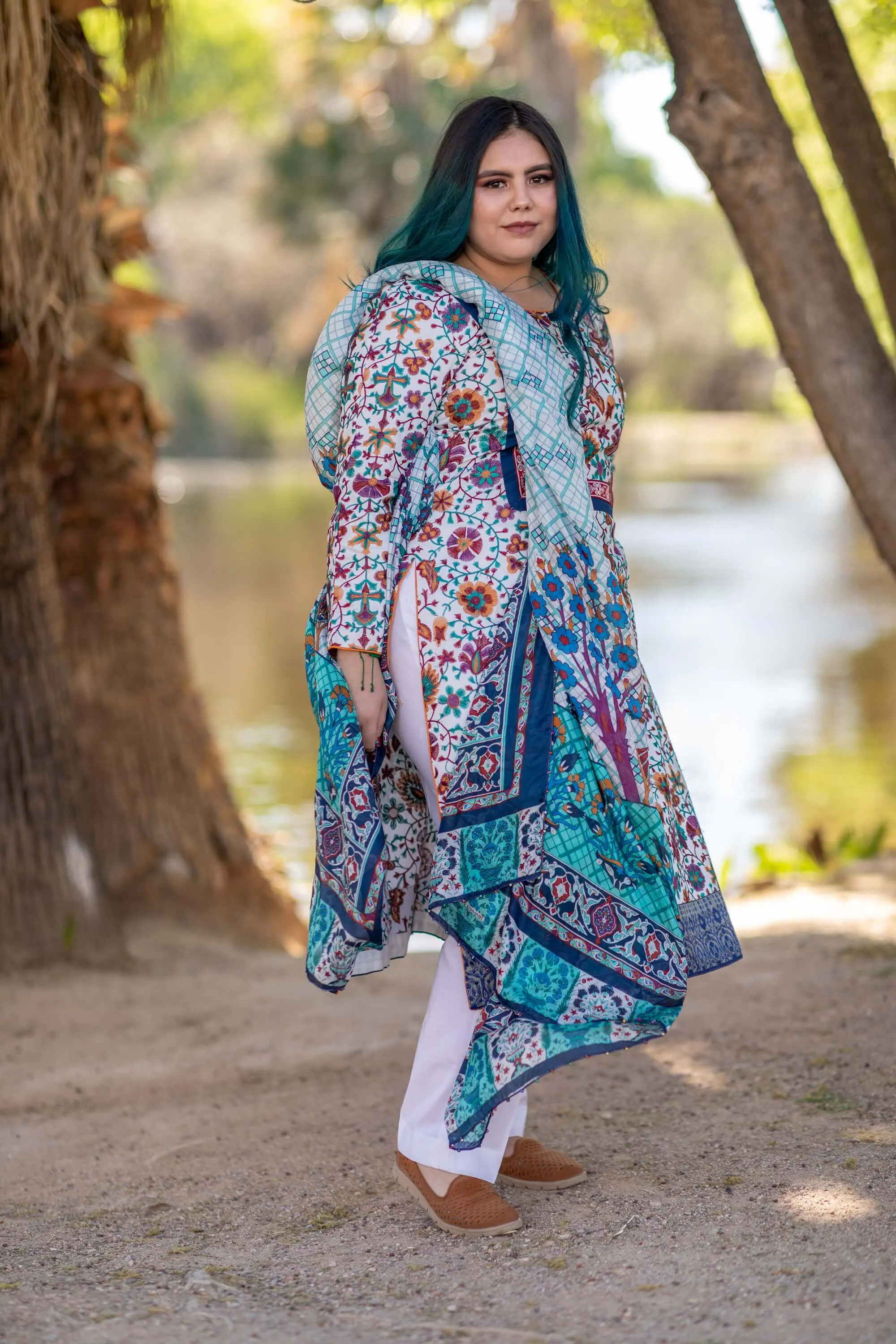 Cotton Multi-Color Embroidery Shirt with Silk Printed Dupatta-Scarf